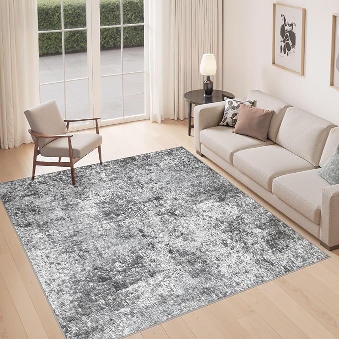 Square Area Rug Living Room Rugs - 8x8 Washable Large Soft Indoor Neutral Modern Abstract Low Pile Rug Carpet for Bedroom Dining Room Farmhouse Home Office - Grey