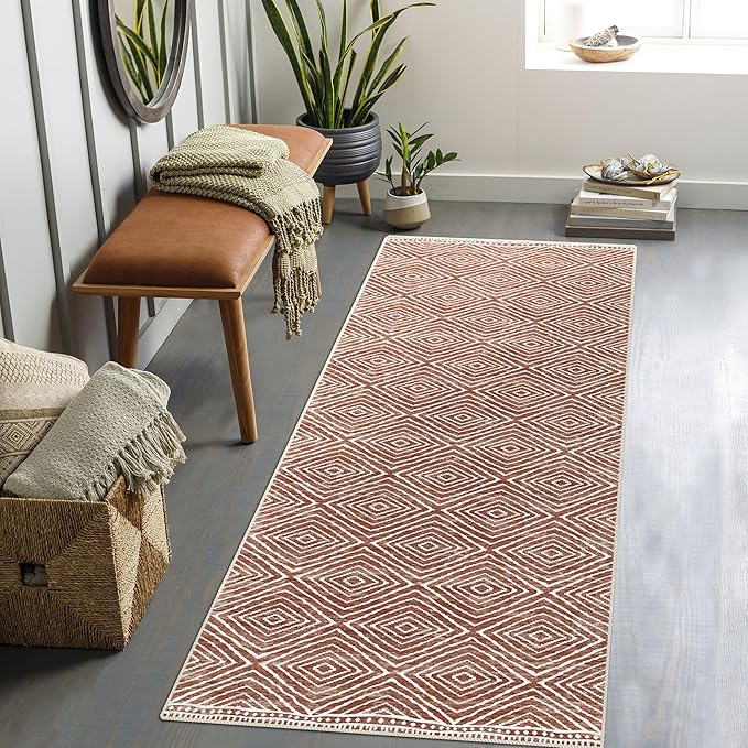 Runner Rug 2x10 Machine Washable Rug with Non-Slip Backing, Ideal for Kitchen Hallway Entryway Laundry Room - Western Style, Durable, Easy Clean, Low Pile Carpet Runner, Brown Red