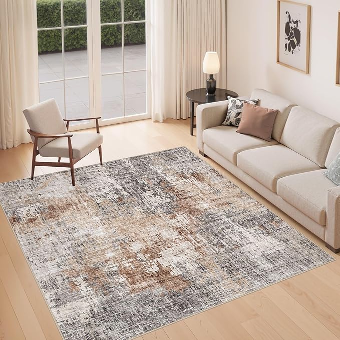 Square Area Rug Living Room Rugs - 8x8 Washable Large Soft Indoor Neutral Modern Abstract Low Pile Rug Carpet for Bedroom Dining Room Farmhouse Home Office - Grey Brown