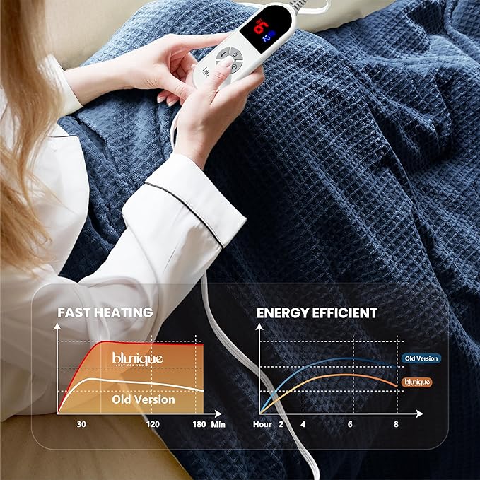 Heated Blanket Electric Blanket Full Waffle,72x84 Inches Sherpa Fleece Fast Heating Blanket 6 Heating Levels & 10 Hours Auto Off ETL Certification, Navy Full