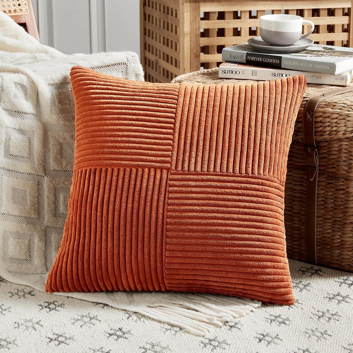 Fancy Homi Set of 2 Burnt Orange Decorative Throw Pillow Covers 18x18 Inch for Living Room Couch Bed, Boho Farmhouse Fall Home Decor, Soft Textured Corduroy Corss Patchwork Cushion Case 45x45 cm