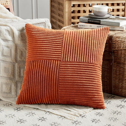 Fancy Homi Set of 2 Burnt Orange Decorative Throw Pillow Covers 18x18 Inch for Living Room Couch Bed, Boho Farmhouse Fall Home Decor, Soft Textured Corduroy Corss Patchwork Cushion Case 45x45 cm