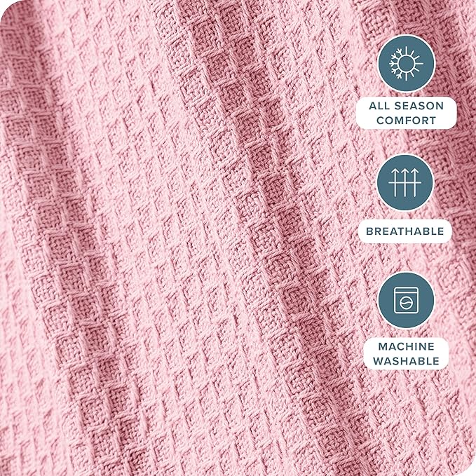 Bare Home Light Pink Waffle Blanket, 108Wx90L, 100% Cotton, Soft & Breathable for All Seasons, Lightweight Blanket, Perfect for Layering Bed, Sofa & Couch (King/Cal King, Light Pink)