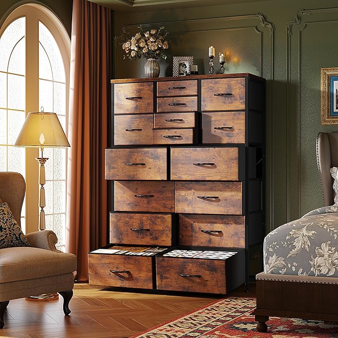 57“H Dresser for Bedroom with Multiple Drawers, Fabric Dressers & Chests of Drawers for Bedroom,Large Dresser, Sturdy Metal Frame & Wood Top,Entryway, Hallway(Rustic Brown)