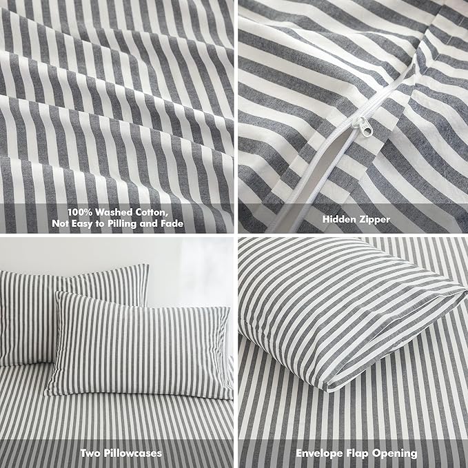 FOSSA Striped Duvet Cover Set 100% Washed Cotton Linen Feel Super Soft Breathable Cozy 3 Pieces Bedding Sets Dark Grey White Classic Stripes King