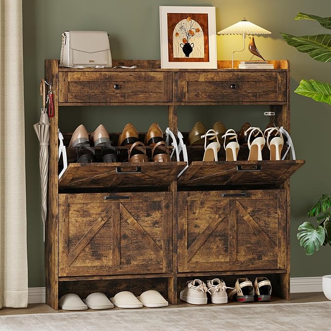 Shoe Storage Cabinet for Entryway, Farmhouse Wide Shoe Cabinet with 4 Flip Drawers and 2 Top Drawers, Freestanding Organizer with Adjustable Shelves, Hooks, and Anti-Tip Kit for Hallway