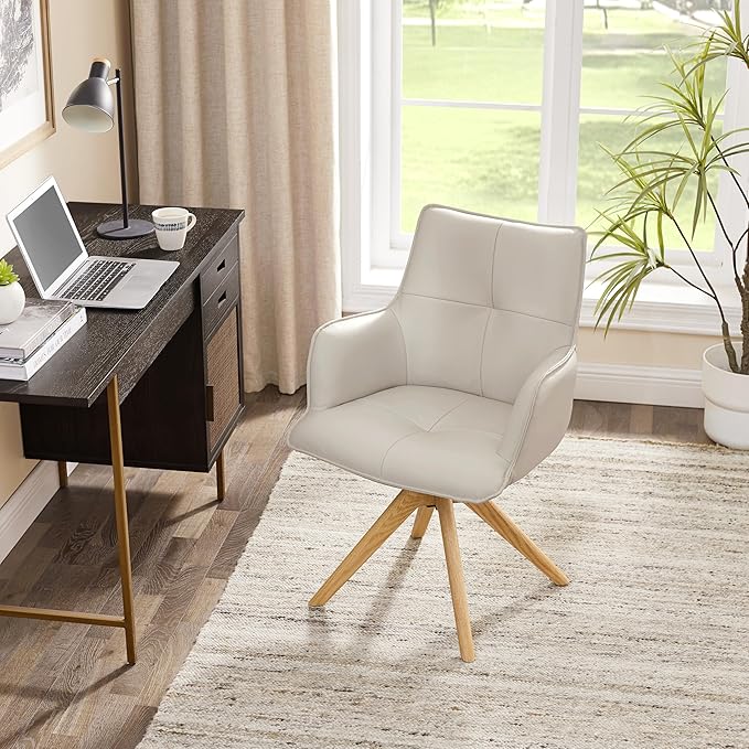 Art Leon Mid Century Modern Desk Chair - Genuine Leather Upholstered Office Chair No Wheels, Swivel Armchair with Oak Wood Legs for Small Space Living Room Bedroom, Set of 2, Off White