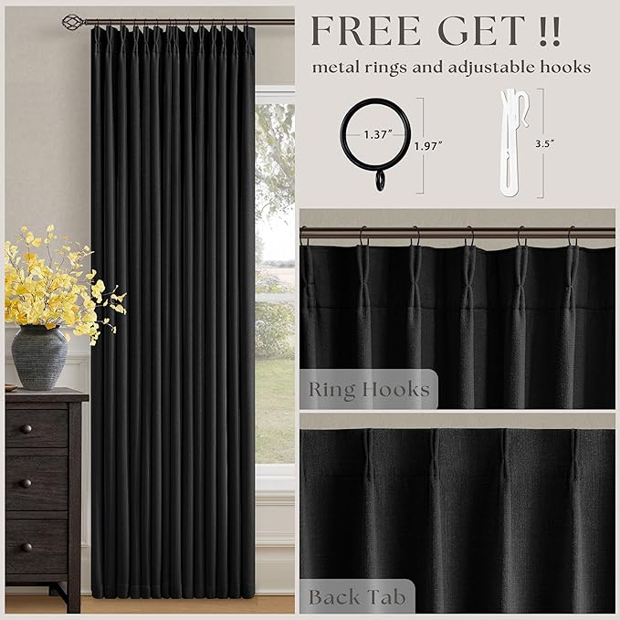 Black Linen Blackout Pleated Curtains 90 Inches Long for Living Room Darkening Pinch Pleat 100% Black Out Drapes Thermal Insulated Soundproof Midnight Black 90 Inch Curtain Panel for Dining Bedroom