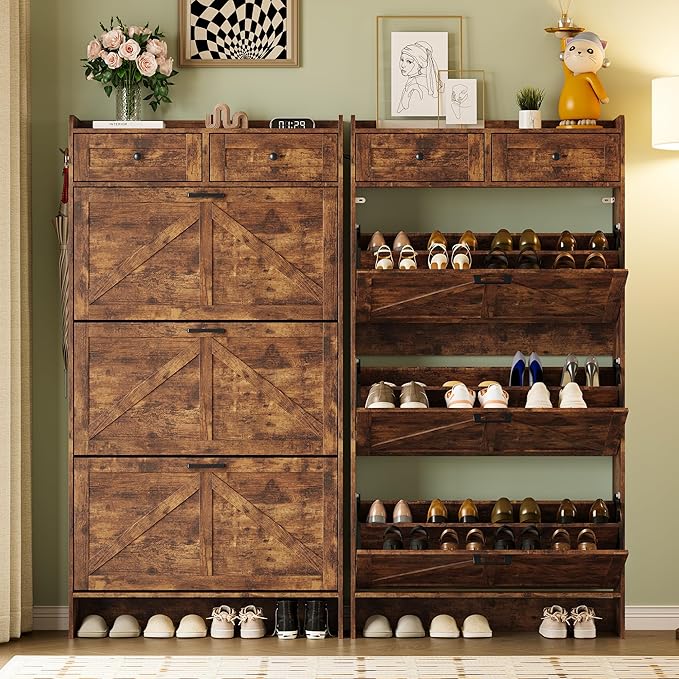 Shoe Storage Cabinet for Entryway, Farmhouse Narrow Shoe Cabinet with 3 Flip Drawers & 2 Top Drawers, Adjustable Shelves & Hooks, Freestanding Hidden Rack Organizer for Hallway, Foyer