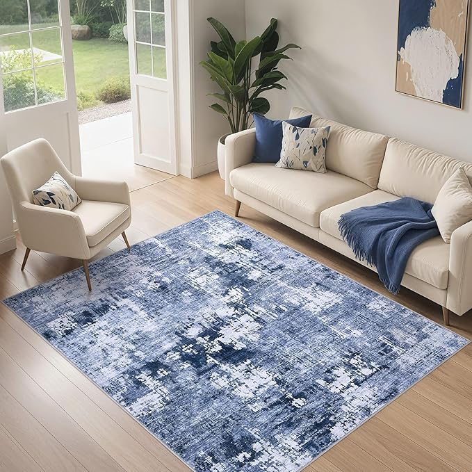 Area Rug Living Room Rugs - 4x6 Abstract Large Soft Indoor Washable Rug Neutral Modern Low Pile Carpet for Bedroom Dining Room Farmhouse Home Office - Navy Blue