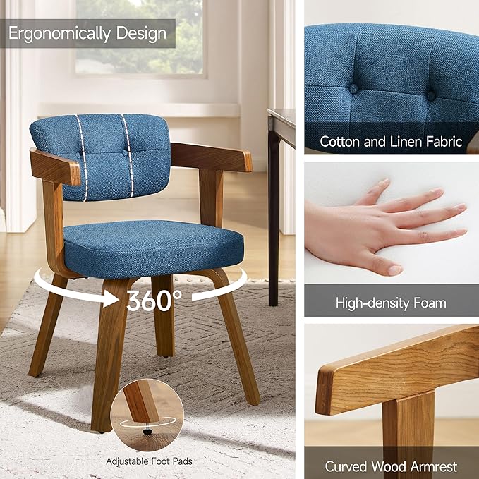 Art Leon Mid Century Modern Dining Chairs - Set of 2 Comfy Fabric Upholstered Swivel Dining Chairs Home Office Chair No Wheels Accent Arm Chair with Wood Legs for Kitchen Living Room Bedroom, Blue
