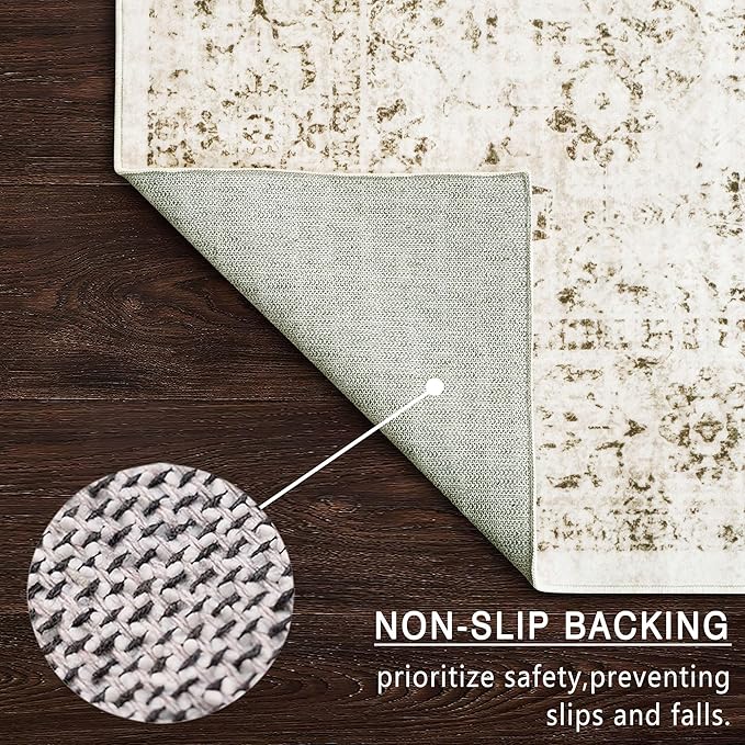 5x7 Area Rugs - Ultra-Thin Washable Rug with Non-Slip Backing, Ideal for Living Room, Bedroom, Dining Room Indoor - Vintage, Easy Clean, Durable, Low Pile Rug Olive