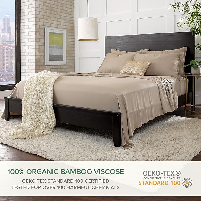 Pure Bamboo Queen Sheets, Genuine 100% Organic Viscose Derived from Bamboo Bed Sheet Set, Luxuriously Soft & Cooling, Double Stitching, 2 Year Quality Promise (Queen, Sand)