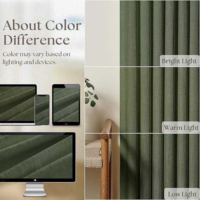 Pleated Linen Curtains 90 Inches Long for Living Room Pinch Pleat Hooks for Track System Back Tab Custom Made Memory Shape Drape Light Filtering Olive Green Living Room Bedroom Window Curtain 90 Inch