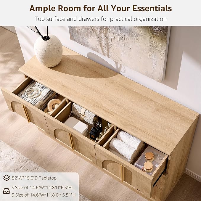 ACCOHOHO Arched Dresser for Bedroom with 9 Drawers, 52" Wide Modern Chest of Drawers with Rounded Edge & Metal Handles, Wood Storage Closet Dressers TV Stand for Living Room, Hallway, Natural Oak