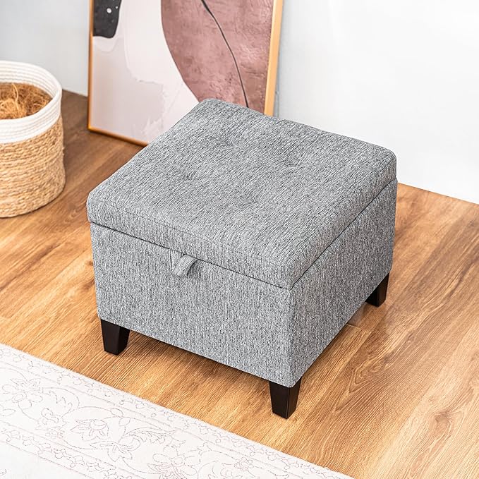 Adeco 17" Square Ottoman with Storage, Small Grey Storage Ottoman Foot Rest with Hinged Lid & Solid Wood Legs, Linen Fabric Foot Stool for Living Room & Bedroom