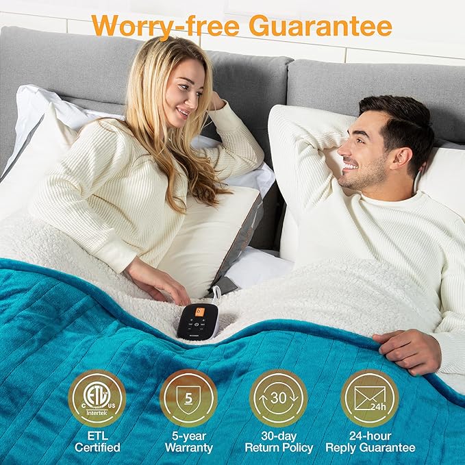 WOOMER [5-Year Warranty Electric Blanket Twin Size,Durable Flannel and Soft Sherpa,Dual Control,62”×84” Heated Throw Blanket, 10 Heat Levels&0.5-12h auto-Off,Energy Efficient,ETL Certified