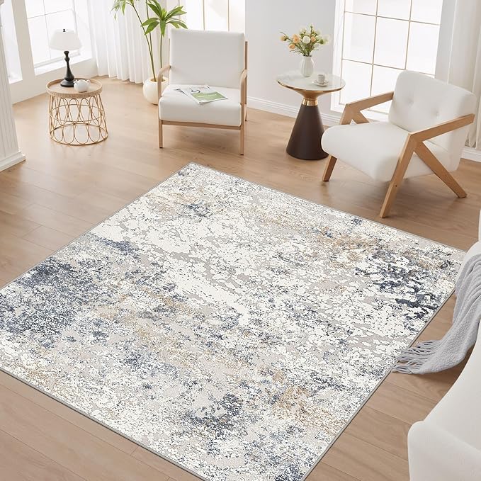 Square Area Rug Living Room Rugs - 6x6 Washable Large Soft Indoor Neutral Modern Abstract Low Pile Rug Carpet for Bedroom Dining Room Farmhouse Home Office - Beige Blue