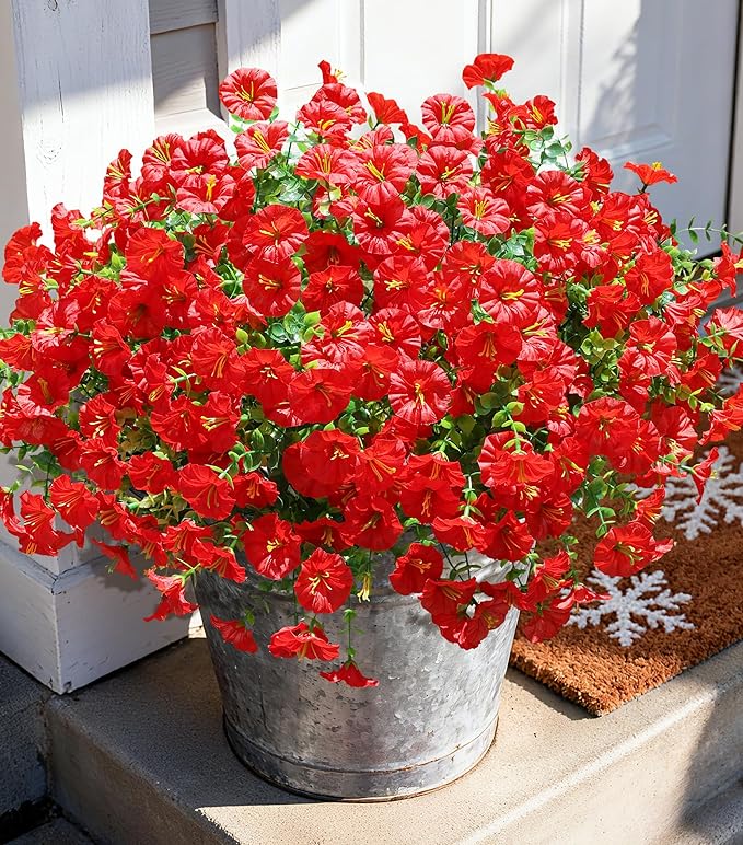 Artificial Flowers Fake Plants for Outdoors Decoration, 12 Bundles Red Silk Morning Glory with Eucalyptus Realistic UV Resistant Faux Flowers Greenery for Outside Planter Yard Garden Home Indoor Patio