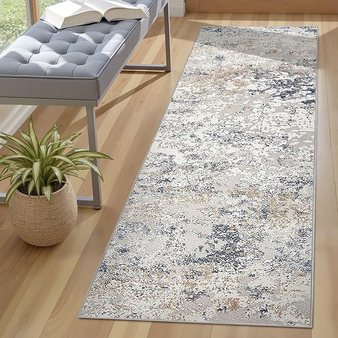 Washable Runner Rug for Hallway: 2x6 Neutral Modern Abstract Low Pile Area Rug with Non-Slip Backing - Carpet for Bedroom Kitchen Laundry Entryway Bathroom Indoor - Beige Blue