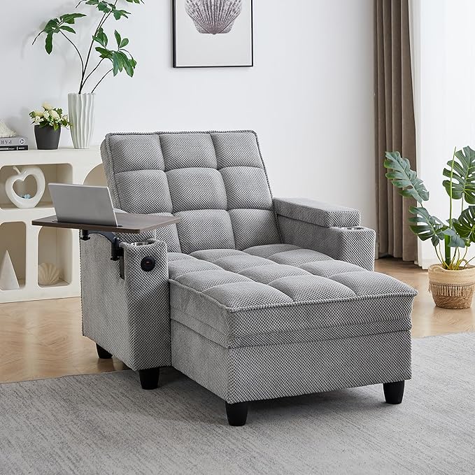 41.7" Oversized Chaise Lounge Chair Indoor, Boucle Upholstered Sofa Bed with Adjustable Backrest, Deep Seat Reading Chair, Sofas Couches for Living Room, Storage, Cup Holders & 360° Swivel Side Table | Oversized chaise, Indoor lounge chair, Convertible...
