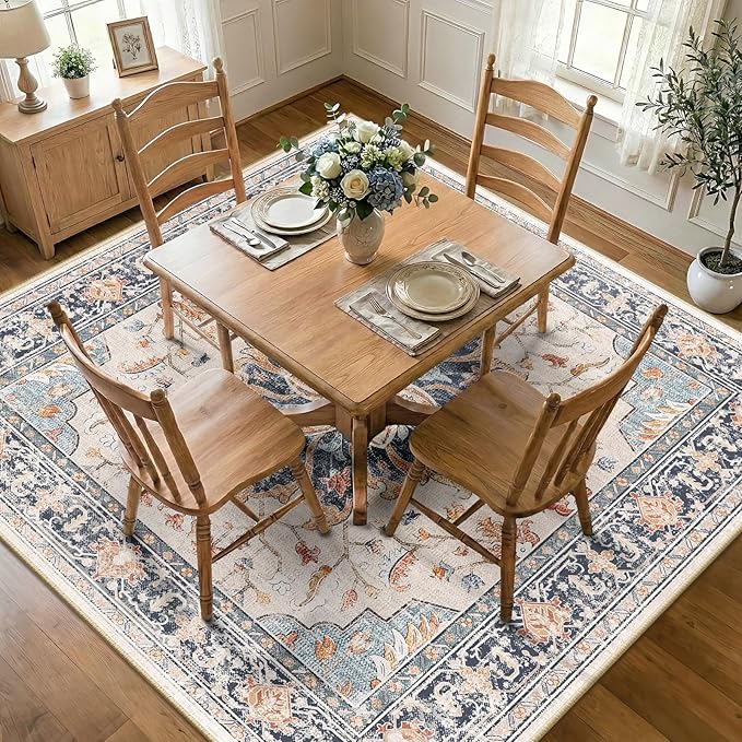 Area Rugs Square 7ft Washable Non-Slip, Floral Vintage Distress Print Pattern Medallion Carpet for Living Room Bedroom Dining Room, Beige Navy Blue Orange Colorful