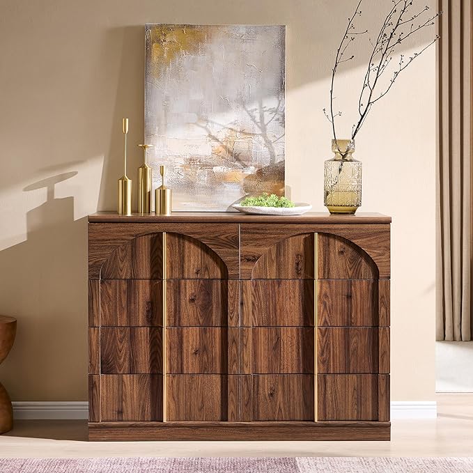 ACCOHOHO Large Dresser for Bedroom with 8 Drawers with Arched Panel,Modern Minimalist Chest of Drawers with Gold Handles,Wood Storage Closet Dressers Tv Stand for Living Room, Hallway,Brown
