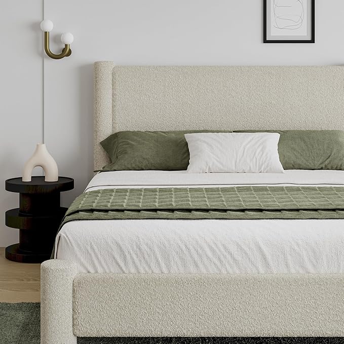 Queen Size Bed Frame, Boucle Upholstered Platform Bed with Headboard and Footboard, Soft Rounded Corners, No Box Spring Required, Easy Assembly, Cream