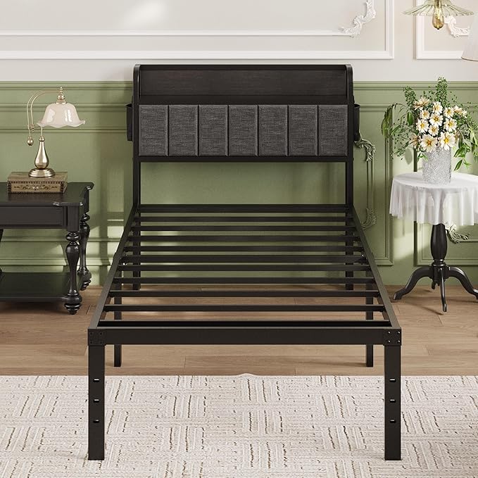 16 Inch Twin XL Bed Frames with Upholstered Storage Headboard, Heavy Duty XL Twin Bed Frame No Box Spring Need, Gray