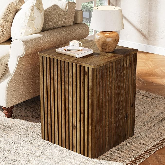 Solid Wood End Table Set of 2, Square Fluted Side Table for Living Room, Farmhouse Bedside Nightstand with Storage and Removable Lid for Bedroom, Small Spaces (2 PCS, Rustic Brown)