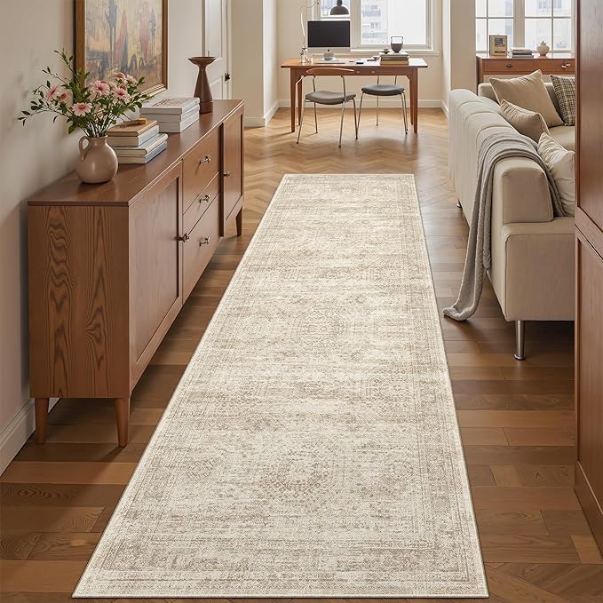 Washable Runner Rug, 2'6" x 8' Non-Slip Kitchen Vintage Foldable Hallway Runners for Entryway, Laundry, Bedroom, Beige