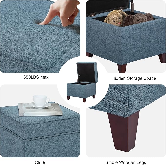 Adeco 17" Square Ottoman with Storage, Small Blue Storage Ottoman Foot Rest with Hinged Lid & Solid Wood Legs, Linen Fabric Foot Stool for Living Room & Bedroom, Seasonal Home Refresh & Gifting