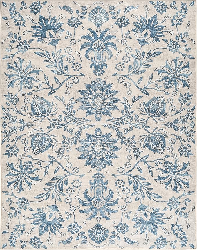 jinchan Torino Floral 5x7 Area Rugs, Vintage-Inspired Design Accent Rug, Machine Washable Ultra-Thin Low-Pile Non-Slip Traditional Carpet for Living Room Bedroom Dining Room Home Office, Turquoise
