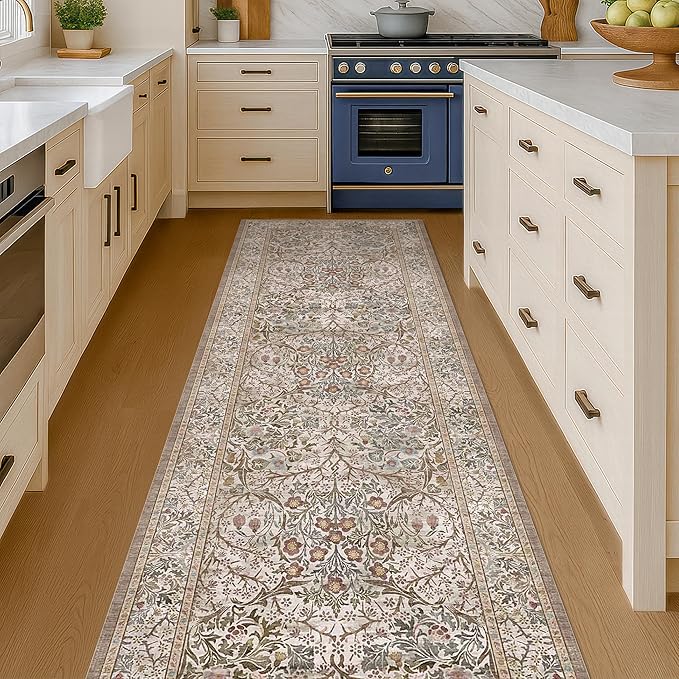 Moss Green 2'6" x 10' Long Runners for Hallways Non Slip, Vintage Washable Rugs for Kitchen, Entryway Stain Resistant with Rubber Backing - Vintage Taupe Brown Floral Décor