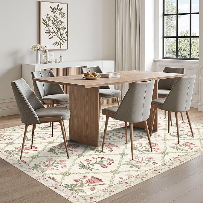 vivorug 5x7 Area Rugs - Ultra-Thin Washable Rug with Non-Slip Backing, Ideal for Living Room, Bedroom, Kitchen Floor Carpet - Modern Pink Floral, Easy Clean, Durable, Low Pile