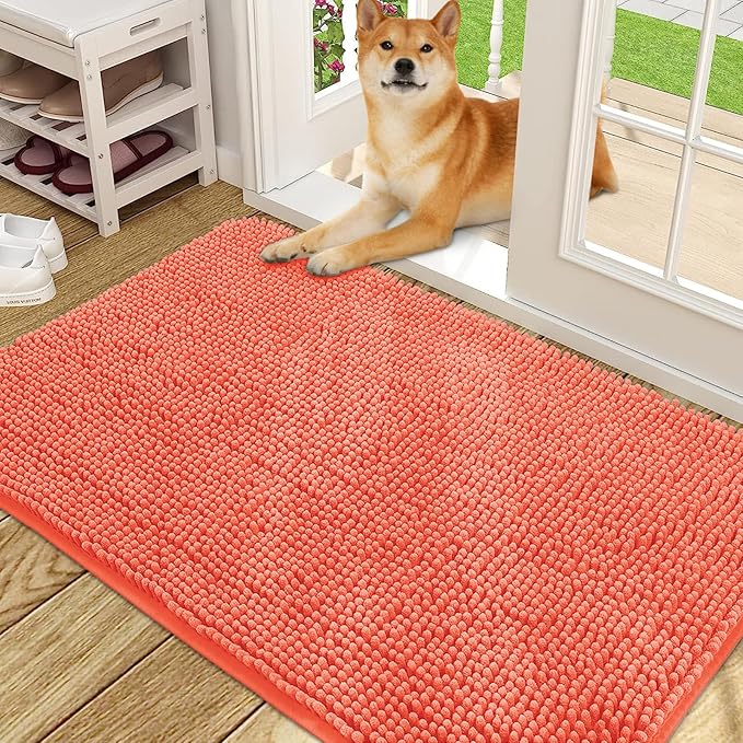 OLANLY Dog Door Mat for Muddy Paws 48x30, Absorbs Moisture and Dirt, Absorbent Non-Slip Washable Doormat, Quick Dry Chenille Mud Mat for Dogs, Entry Indoor Entryway Carpet for Inside Floor, Coral