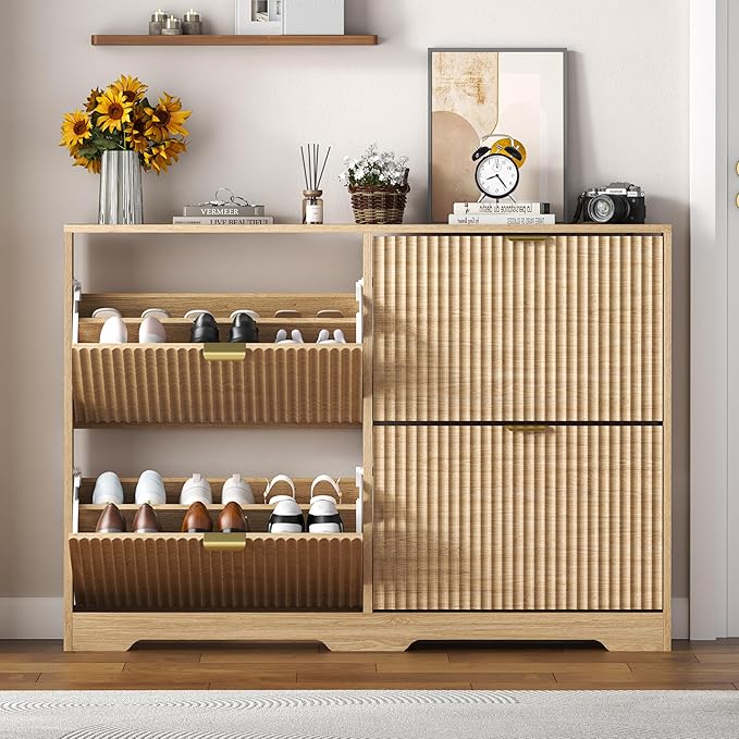 Shoe Cabinet Storage for Entryway with 4 Flip Drawers, Oak Fluted Shoe Cabinet with Adjustable Shelves, Wooden Hidden Shoes Rack Freestanding Narrow Slim Shoes Storage for Hallway, Entrance