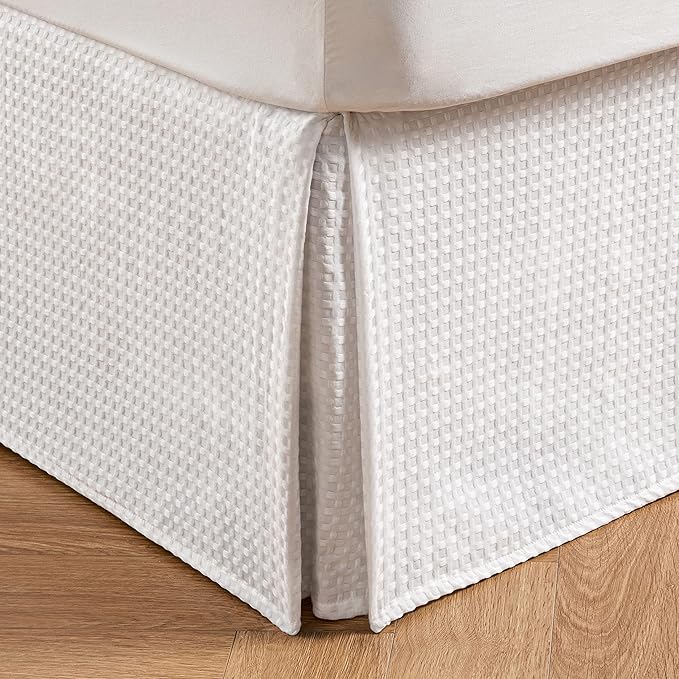 MIYE Pleated Waffle Weave Bed Skirt, Tailored Dust Ruffle 22 Inch Drop Easy Fit, Machine Washable (White, Full - 22" Drop)