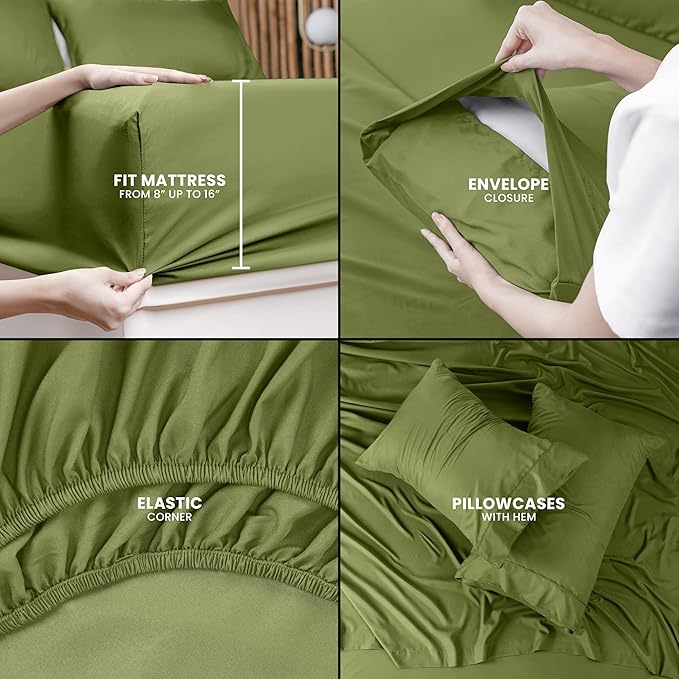 Utopia Bedding Queen Sheet Set – 4 Piece Bed Sheets for Queen Size Bed, Soft and Breathable Microfiber, Includes 1 Fitted Sheet, 1 Flat Sheet and 2 Pillowcases (Olive)