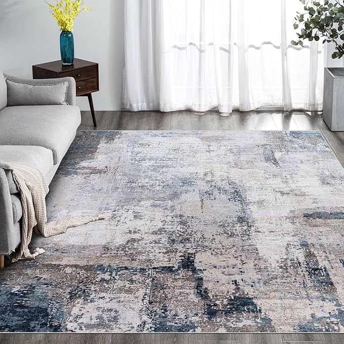 vivorug 9x12 Area Rugs for Living Room, Non Slip Machine Washable Modern Abstract Rug, Ultra-Thin Lightweight Large Area Rug Carpet for Bedroom, Dining Room, Low Pile Gray/Navy