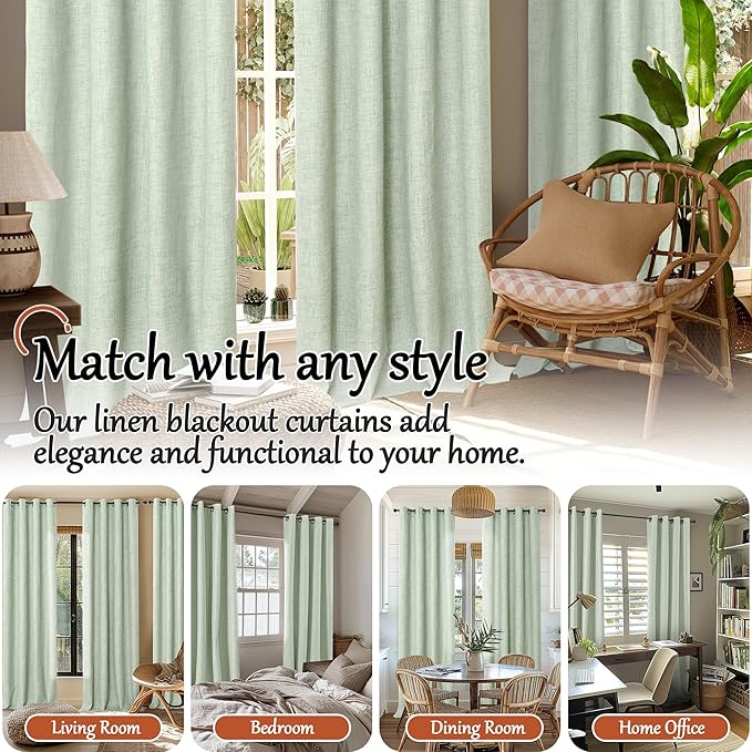 Sage Green Blackout Curtains for Bedroom - Linen Curtains 72 Inch Length Thermal Insulated Privacy Burlap Boho Window Drapes for Living Room Scandi Farmhouse Dining, 2 Panels, Each 52" Wide