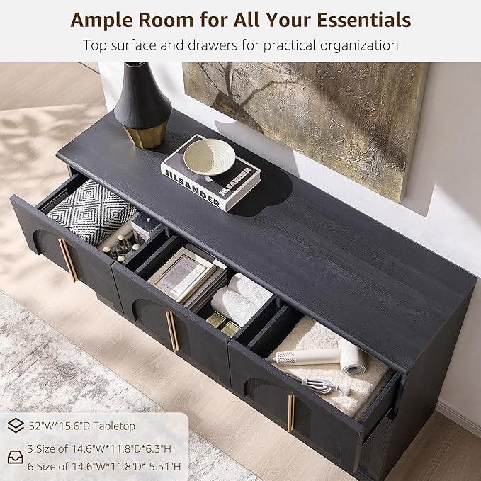 ACCOHOHO Arched Dresser for Bedroom with 9 Drawers, 52" Wide Modern Chest of Drawers with Rounded Edge & Metal Handles, Wood Storage Closet Dressers TV Stand for Living Room, Hallway, Black