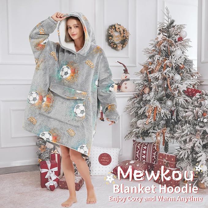 Glow in The Dark Football Wearable Blanket Hoodie for Adult,Oversized Sherpa Fleece Blanket Hoodie for Women Men,Football