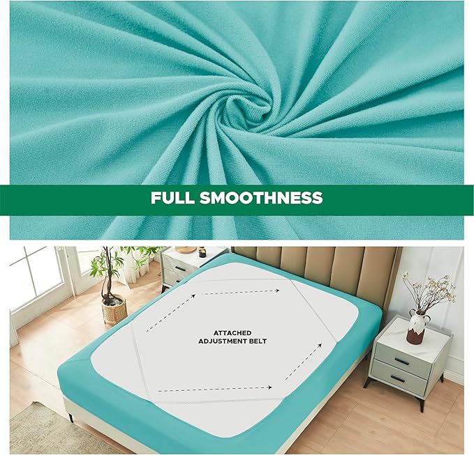 Biscaynebay Decorative Box Spring Cover Full & Full XL Size, Aqua Luxurious Jersey Knitting Stretchy Wrap Around 4 Sides Bed Skirt for Home/Hotels, Easy Fit Wrinkle & Fade Free Machine Washable