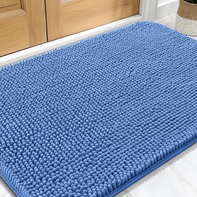 OLANLY Dog Door Mat for Muddy Paws 30x20, Absorbs Moisture and Dirt, Absorbent Non-Slip Washable Doormat, Quick Dry Chenille Mud Mat, Entry Indoor Entryway Carpet for Inside Floor, Cornflower Blue