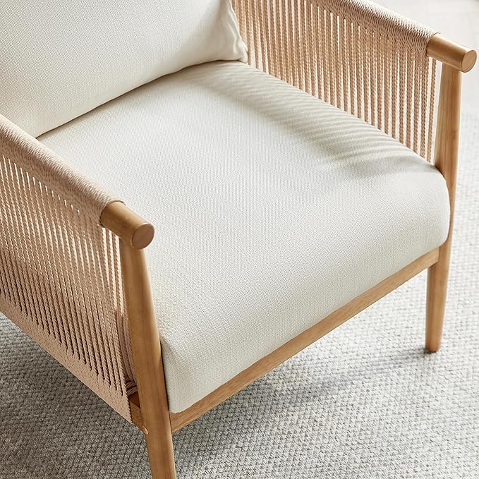 CHITA Braid Accent Chair Set of 2, Modern Armchair with Solid Wooden Armrest for Living Room and Bedroom, Boho Reading Chair, Cream