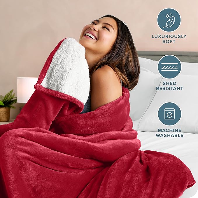 Bare Home Sherpa Fleece Blanket - Throw/Travel Size - Blanket for Bed, Sofa, and Couch - Warm & Lightweight - Fluffy & Soft - Reversible (Throw/Travel, Red)