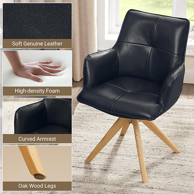 Art Leon Desk Chair Without Wheels - Mid Century Modern Swivel Office Chair, Genuine Leather Upholstered Accent Chair with Oak Wood Legs for Small Space Living Room Bedroom, Set of 2, Black Blue