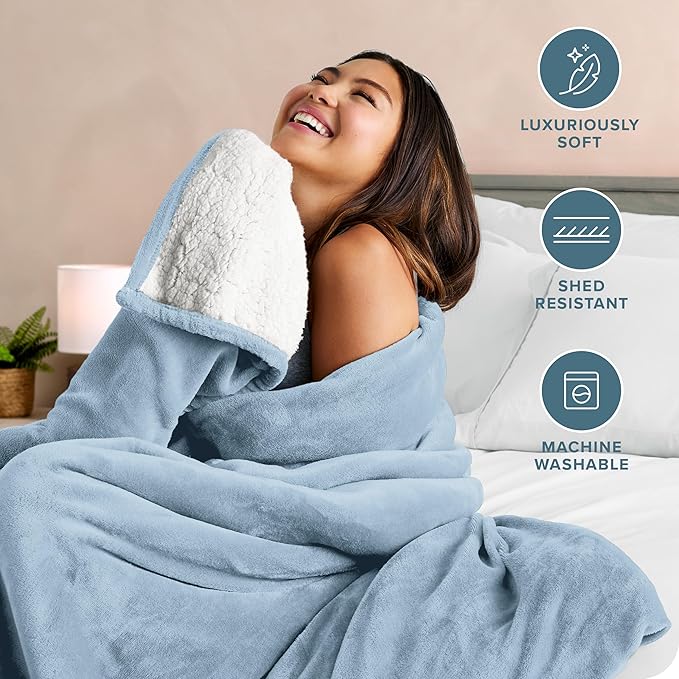 Bare Home Sherpa Fleece Blanket - King Size - Blanket for Bed, Sofa, and Couch - Warm & Lightweight - Fluffy & Soft - Reversible (King, Light Blue)