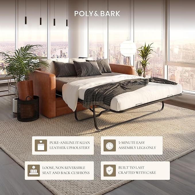 POLY & BARK Napa 82" Leather Pull‑Out Sleeper Sofa – Full‑Grain Italian Leather Upholstery,Tri‑Layer Mattress & Storage Console –Sophisticated Multi‑Functional Sofa Bed for Living Rooms & Guest Spaces